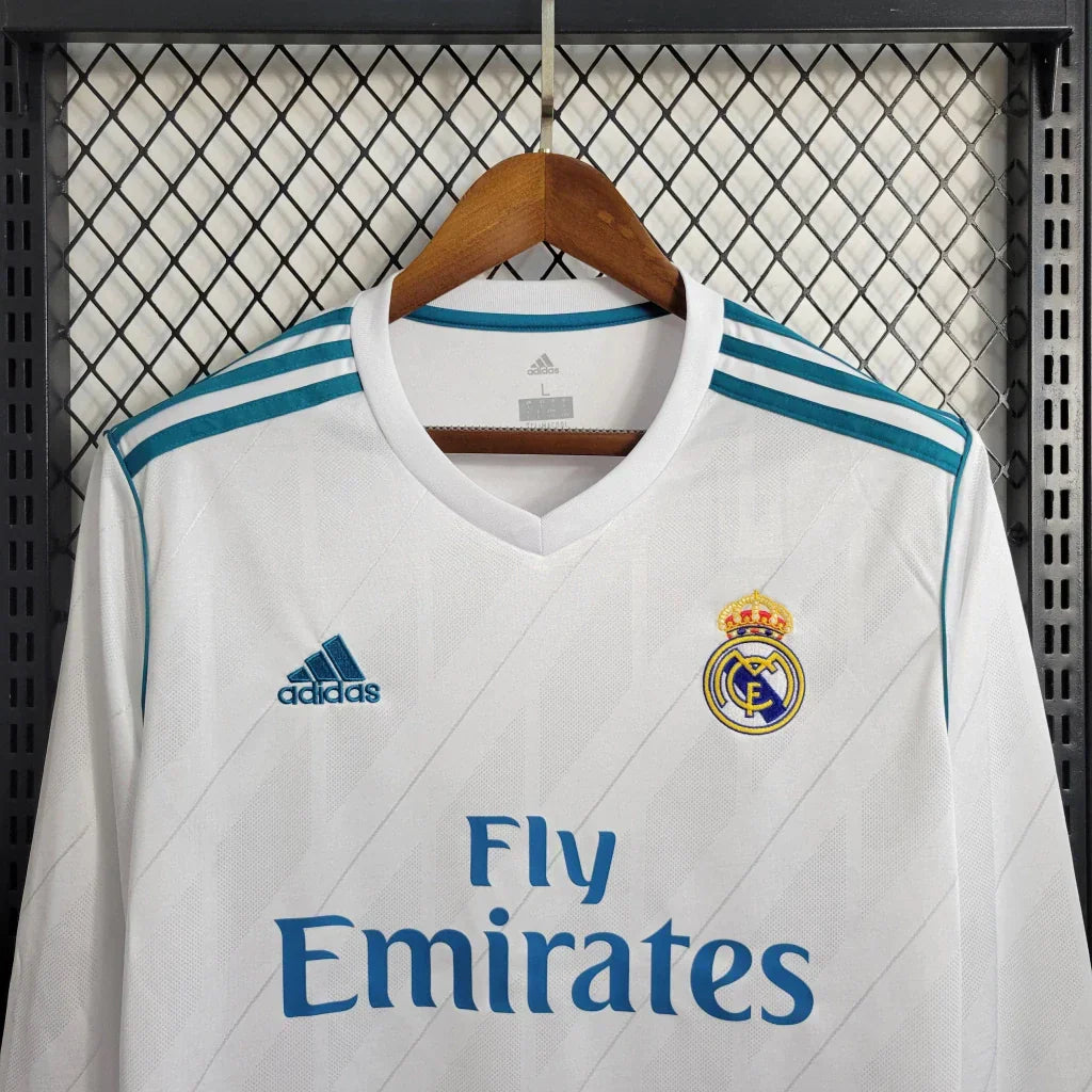 Camisa Retrô Real Madrid I Home 2017/18 Manga Longa Masculino Branco