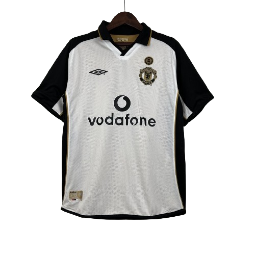 Camisa Dupla Face Retrô Manchester United 2001/02 100 Anos Masculina Branca e Preta ou Dourada