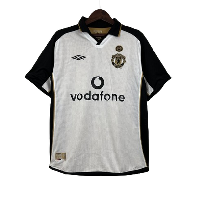Camisa Dupla Face Retrô Manchester United 2001/02 100 Anos Masculina Branca e Preta ou Dourada