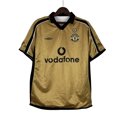 Camisa Dupla Face Retrô Manchester United 2001/02 100 Anos Masculina Branca e Preta ou Dourada